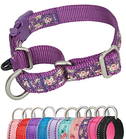 YUDOTE Martingale hundhalsband flyktsäker anti-drag med säkerhet snabbfrigörande spänne för smala huvud hundar lätta att gå, medium, blommig-lila