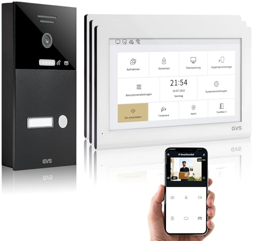 GVS - IP Video Türsprechanlage mit Türöffner, HD Kamera, 3X 10 Zoll Monitor & App - Smarte Video Türklingel mit Kamera & Gegensprechanlage für 1 Familienhaus (AVS5403A)
