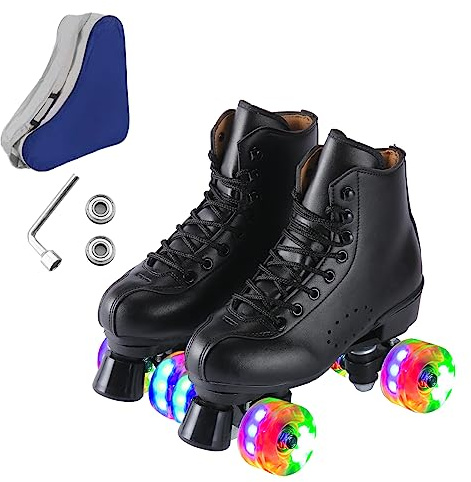 Ugboiu Roller Skates for Men and Women, Black Derby Double-Row with 4 Shiny Wheels, Classic High-Top Design for Indoor and Outdoor Skating