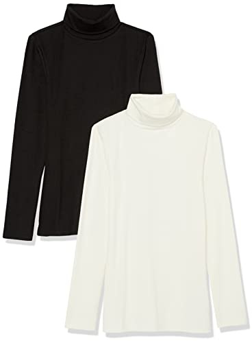 Amazon Essentials Top Interior en Punto Acanalado con Cuello Alto, Manga Larga y Corte Entallado (Disponible en Tallas Grandes) Mujer, Pack de 2, Cáscara de Huevo/Negro, XS