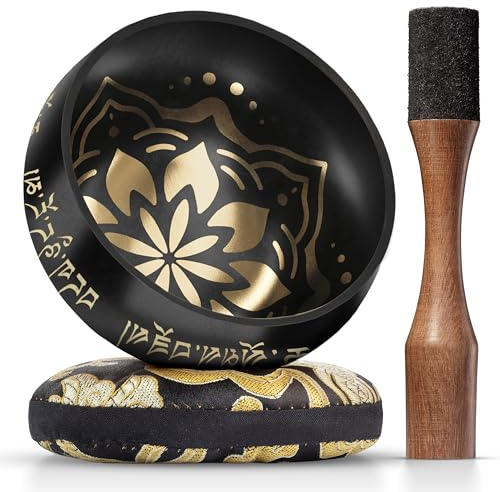 Tibetisches Klangschalen-Set – einfach zu spielen mit doppelseitigem Klöppel und Kissen – Für ganzheitliche Heilung, Stressabbau, Meditation und Entspannung – Glückseligkeitsmuster – schwarze Schale