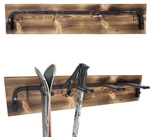 QLS Skihalterung N3 Wand Skihalter für 4 Paare 83 cm Stahl Holz hölzerne Hakenleiste Nordic Walking Trekking Stöcke Skiträger
