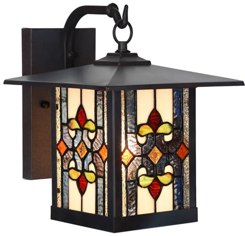 HomeBeauty WL0002 Tiffany Style Outdoor Wall Lights Fixture Stained Glass Exterior Waterproof Wall Sconce Lamp for Balcony Aisle Hallway 9X11X11 Inches, Bulb Included (Puce)