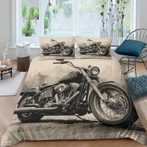 Jinete de Harley Funda De Edredón Funda Nórdica 3D Impresión Moto vintages para Dormitorio Microfibra con Cremallera Y Funda De Almohada Juego De Cama 3 Piezas Double（200x200cm）
