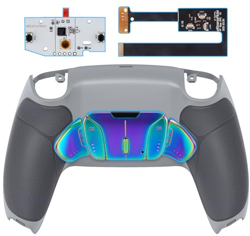 eXtremeRate RISE4 Remap Kit Programmable pour ps5 Manette BDM-010&020 | Coque Arrière Redessinée avec 4 Palette Métal pour ps5 Manette, Palette Métallique, Métal Bleu Vert Violet Fond Gris Pâle
