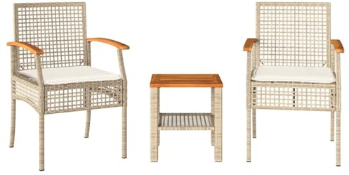 vidaXL Bistro Set 3-TLG., Balkonset mit Kissen, Sitzgruppe für Garten Terrasse Balkon, Gartenmöbel 2 Stühle 1 Tisch, Balkonmöbel Gartenset, Beige Poly Rattan Akazienholz