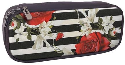 JCVOTREL Federmäppchen mit Weihnachtsmotiv und Schneemann-Motiv, bedruckt, aus Leder, Stifteetui mit Reißverschluss, für Schule, Reisen, Büro, Schwarz Weiß Streifen Rot Rose Blumen, Einheitsgröße,