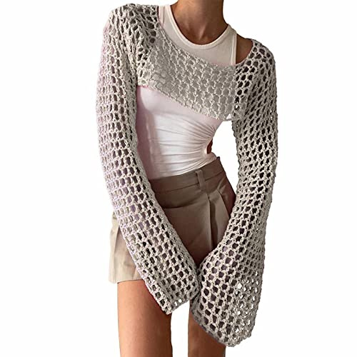 Damen Y2K Crochet T-Shirt Frauen Langarm Crop Top Einfarbig Top One-Shoulder Crochet Aushöhlen Pullover Cover Up Strickwaren Pullover