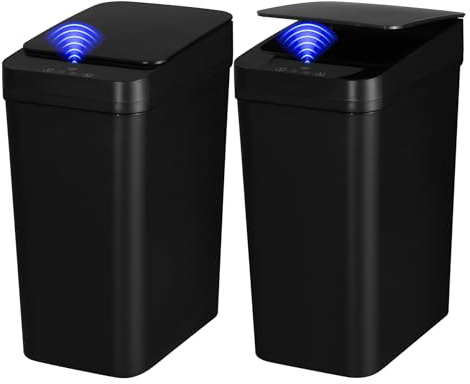 QSFWCSM 2 Pack Bathroom Trash can,Smart Touchless Trash Can,Automatic Motion Sensor Trash Bin with Lid,2.4 Gallon Garbage Can, Kitchen, Bathroom, Office, Bedroom Trash can (Black+Black)