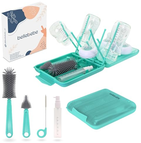 BELLEBEBE Set Trockenständer Babyflaschen mit Flaschenbürste Baby - 6 in 1 Flaschenständer - Transportabel, Faltbar, BPA-frei