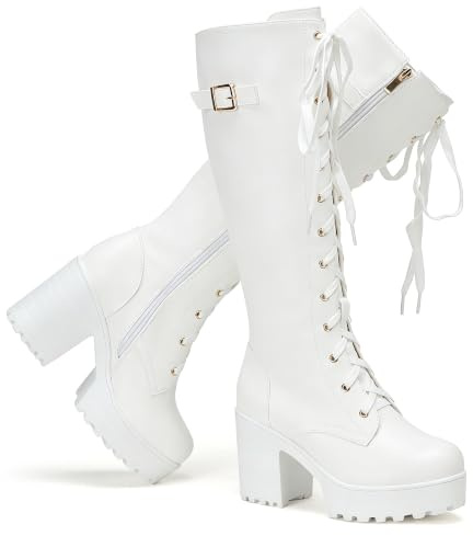 Voviggiw Women Fashion Platform Knee High Boots Lace Up Chunky Heel Boots with Buckle Side Zipper Biker Boots