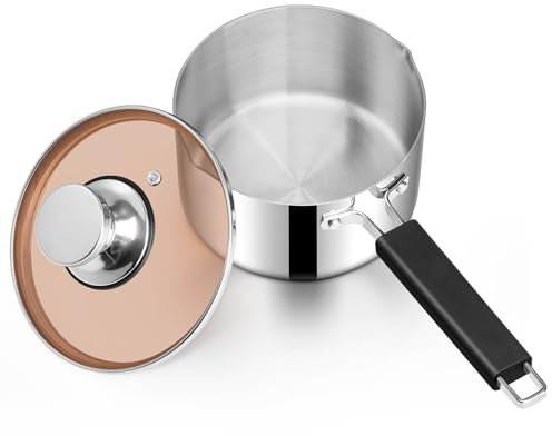HaWare Stainless Steel Saucepan, 14cm Small Tri-Ply Milk Pan with Glass Lid, 1.5L Sauce Cookware Pot for Induction Gas Halogen Electric Ceramic, Heat-Proof Handle - 1QT