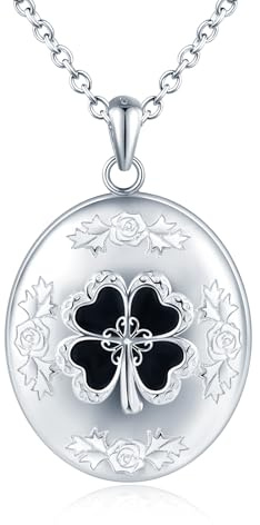 MICMIF Médaillon Ovale Trèfle en Argent 925 Collier Femme Personnalisé Photo Médaillon Trèfle en Vert/Noir/Rouge Pendentif Porte Photo Chaîne 45+5cm pour maman épouse fille amie