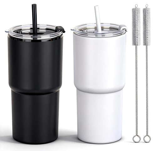 Yisituo Coffee Travel Mug, 2 Pack 510ml Reusable Plastic Cups, Drink Cups with Lids and Straws, Insulated for Hot & Cold Drinks, Car Cup Holder Compatible (2, Black, White)