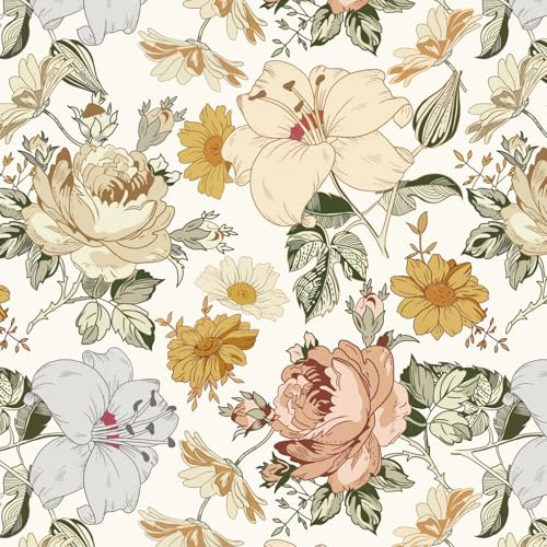 Fiula Selbstklebende Tapete Klebefolie Möbel 44CMx3M Möbelfolie Selbstklebend Blumentapete Weiß Wasserdicht für Schlafzimmer Wohnzimmer Wandverkleidung Rot Gelb Blumen Floral Wallpaper