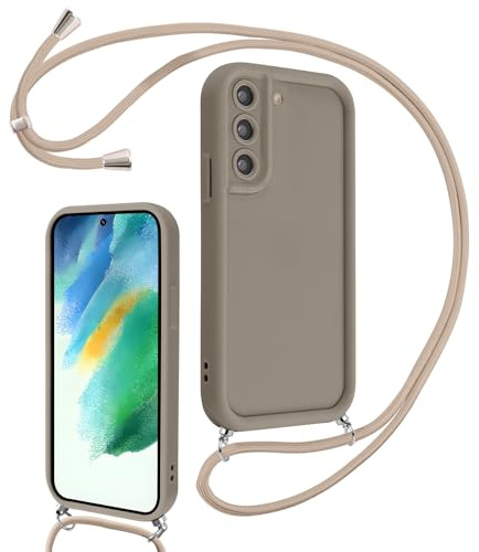 Coalbooliy Handykette für Samsung Galaxy S21 FE（5G） Hülle 6,4 mit Band, Handyhülle Kameraschutz Weiches Silikon Necklace Stoßfeste Schutzhülle mit Kordel zum Umhängen Cover für Mädchen Frauen, Khaki