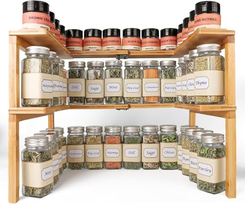 Puosike Erweiterbarer Gewürzregale, 2er Set, Stapelbar, Gewürzregal Bambus, Küchenregale stehend Spice Rack Organizer für Schrank und Arbeitsplatten