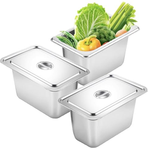 Juego de 3 cuencos GN 1/3, acero inoxidable para alimentos calientes/fríos, con tapa, recipientes para gastro y bandejas para empanar, 3 piezas