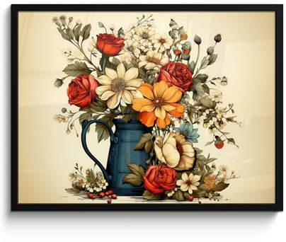 MuchoWow© Bilder mit Rahmen 80x60 cm Poster Wanddekoration Wohnzimmer Deko Modern Geschenke Bilderrahmen Vintage - Blumen - Vase - Farben - Beige