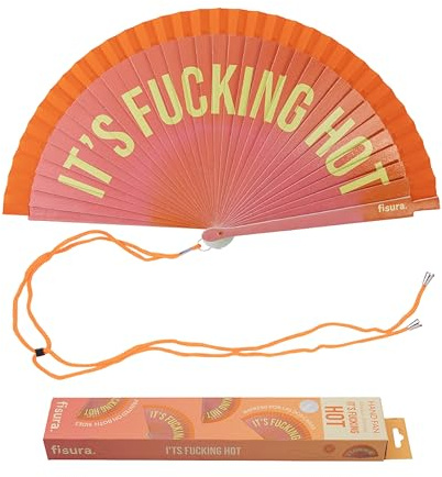 Fisura – Ventaglio originale con frase “It’s f*cking hot”. Accessorio reversibile in legno colorato moderno. Ventilatore a mano sfumato rosa arancio. Gancio incluso. 42,5 x 23 cm