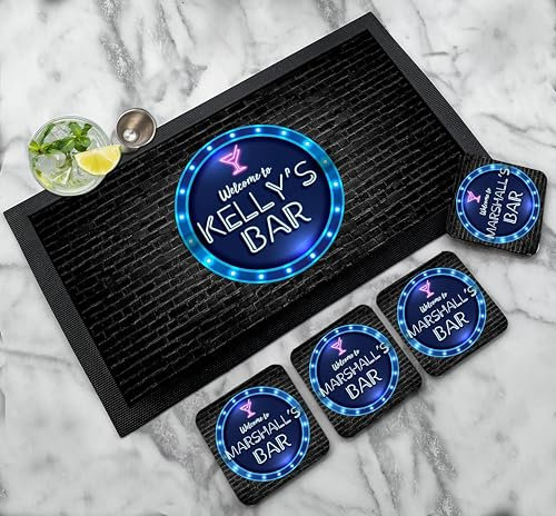Artylicious Tapis de bar personnalisé | Dessous de verre – Cercle bleu fluo | Ensemble de cocktail – Tapis de bar et pub – Accessoires de bar à domicile (tapis de bar + 4 sous-verres)