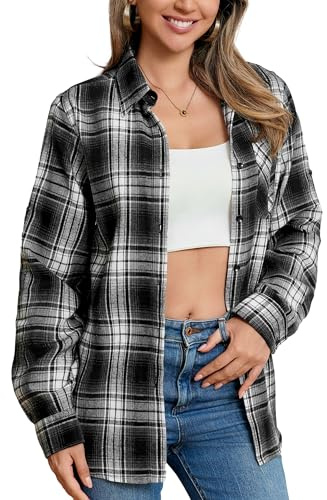 Women's Flannel Shirts Long Sleeve Black Plaid Shirts for Women Plus Size Button Down Checked Shirt Casual Oversize Roll Up Cowgirl Western Shirt