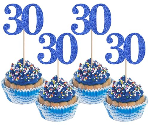 Xsstarmi 36 Pack Number 30 Cupcake Toppers Glitter Cheers to 30 Years Birthday Cupcake Picks Decoration for Happy 30th Birthday Wedding Anniversary Party Cake Decorations Blue