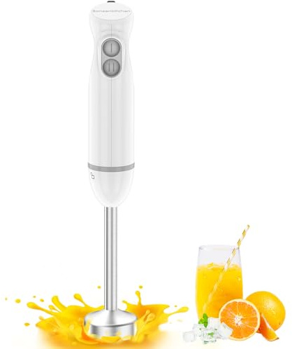 Bonsenkitchen Hand Blender, 2-Speed, Stainless Steel (White) | With 4 Blades, Portable Stick Blends Baby Food, Soups, Purees & Smoothies. Ergonomic Grip, Easy Clean