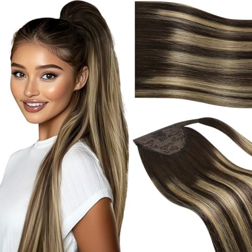 Vivien Brun Extension Cheveux Naturel Ponytail Balayage Wrap Around Queue de Cheveux Extension Remy Ombre Brun Foncé à Blond Caramel Droit 35cm 70g #4/27/4