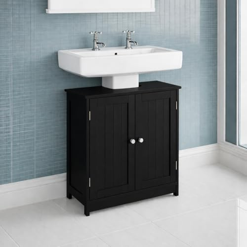 Dylex Bathroom Under Sink Storage Cabinet with Door, 2 Shelves, Free Standing Bathroom Organiser, Black