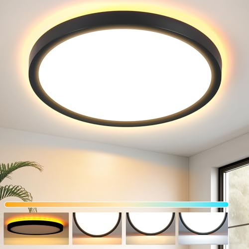 Laittiin Deckenlampe LED Deckenleuchte Flach - Ø22cm Rund Badlampe Decke 18W Deckenbeleuchtung Schlafzimmer Badezimmerlampe 3000K/4000K/6500K Küchenlampe für Balkon/Keller/Schlafzimmer/Flur（Schwarz）