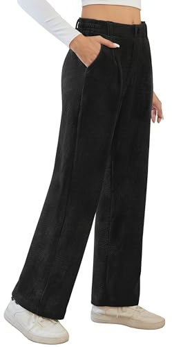 Desol Hosen Damen Elegant Warme Hose Stoffhose Imitations-Cordhose Weite Herbst Winterhose mit Taschen High Waist Gefütterte Hose Damen Schwarz L