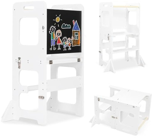 STEPSAFE Torre montessoriana per bambini, 3 in 1 Multifunzionale Torre di apprendimento con lavagna, montessoriana Learning Tower Con tavolo da disegno scala montessoriana per bambini legnoso (Bianco)