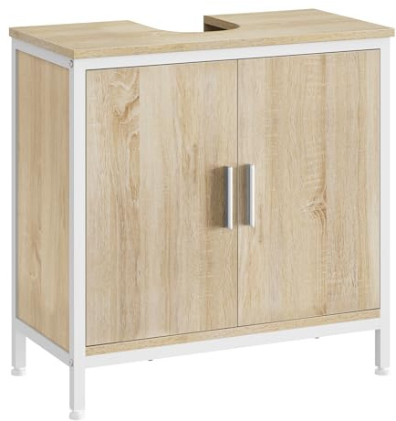 EUGAD Meuble sous Lavabo, Armoire sous Évier pour Salle de Bain, avec 2 Portes et Étagère Réglable en Hauteur en Panneaux Aggloméré, Pieds et Cadre en Métal, Blanc + Chêne Clair, 60x30x60cm