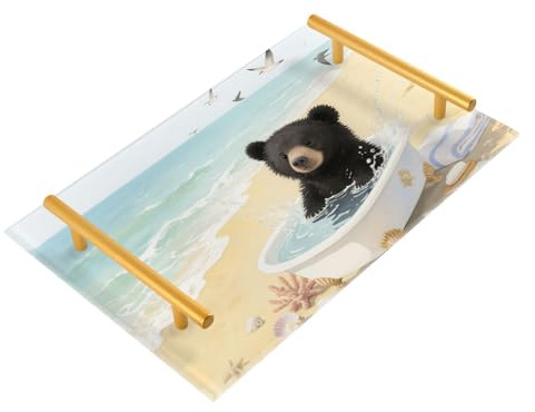 Plateaux de service décoratifs en plastique avec poignées pour baignoire de plage, ours - Plateau de service plat pour bijoux, parfum pour boisson, bandejas pour servir de café