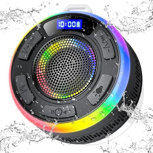 Enceinte Bluetooth Douche, Mini Enceinte Bluetooth 5.3 avec HD Mic, 360° Stéréo Enceinte Portable, Lumière LED Haut Parleur de Douche avec Ventouse Puissante, Étanche IP7 pour Salle de Bain,Extérieur