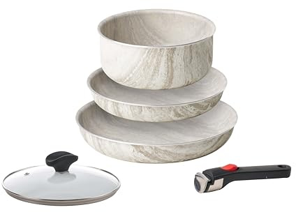 Guzzini ChefLine MARBLE MADE IN ITALY - SET 5 pezzi: 2 PADELLE (CM 24 e CM 28), CASSERUOLA da 20 cm, COPERCHIO (20 cm) e MANICO removibile