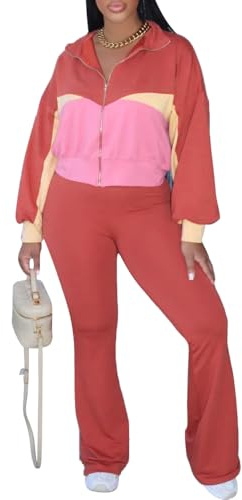 HBQ Womens Color Block Two Piece Tracksuit Sets Long Sleeve Zip Up Crop Jacket and Flare Pants Casual Y2K Outfit-Orange Red-L