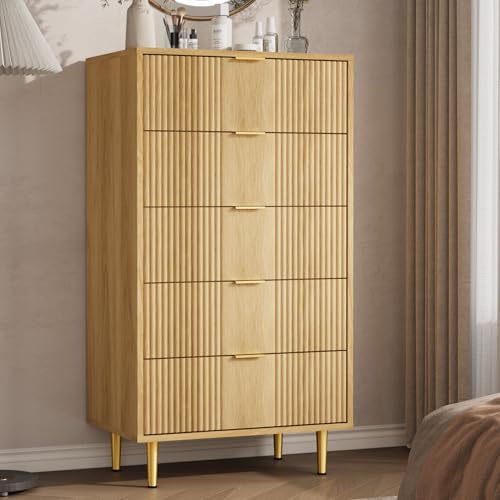 Garvee Fluted Dresser for Bedroom with 5 Drawers, 44.3 Tall Modern Chest of Drawers with Metal Handle, Wooden Closet Clothes Storage Organizer for Living Room, Hallway, Natural Oak