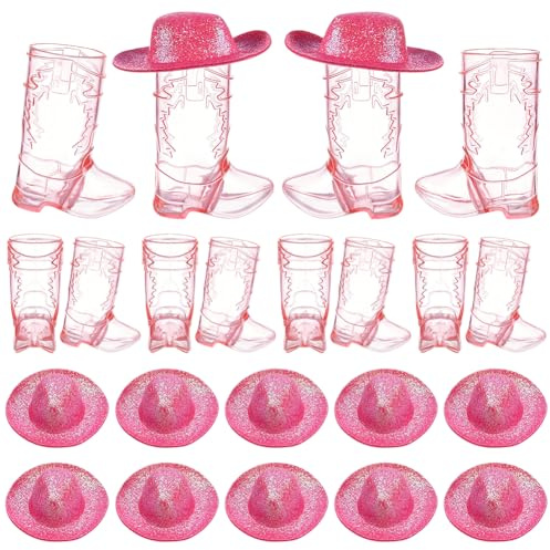 UNICRAFTALE 12 Sets Pink Cowboys Hats and Cowboys Boot Shot Glasses Decor Mini Plastic Western Cowboy Cups Reusable Cups for Wedding Decorations Western Cowboy Hen Theme Party Supplies