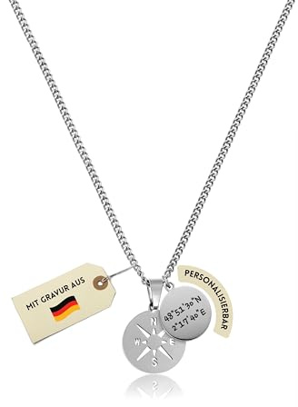 Made by Nami Personalisierte Kompass Anhänger Kette aus 316L Edelstahl 45+5 cm Herren Kette mit Buchstaben, Namen, Symbol oder Wunschgravur, Personalisiertes Geschenk für Partner