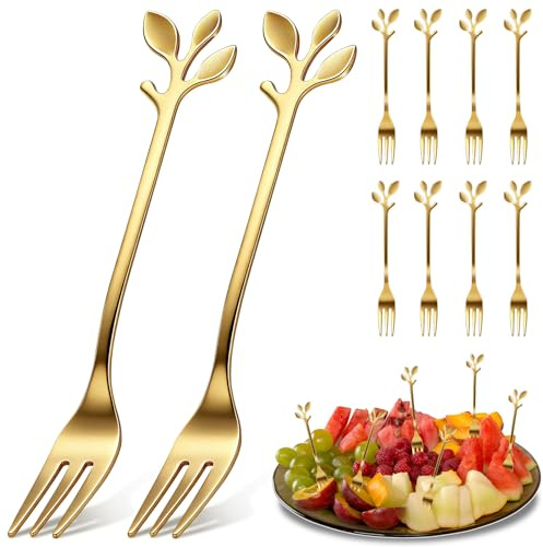 ULTECHNOVO Ensemble de 10 Fourchettes à Dessert Dorées en Acier Inoxydable, Petites Fourchettes à Fruits et Apéritif, Design Feuille, Légères et Portables, pour Cocktails et Salades