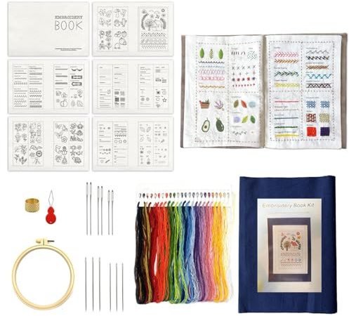 KINDLUME Libro Ricamo, Kit Ricamo per Principianti, Embroidery Book, Set Completo con 12 Aghi, Ditale, Infilago e Telaio, per Adulti, Regalo Creativo e Hobby Rilassante