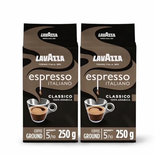 Lavazza, Espresso Italiano Classico, Ground Coffee, 2 x 250g | Intensity 5/10, with Flowery and Fruity Notes, 100% Arabica, Light Roasting, Ideal for Moka Pot or Filtered Coffee