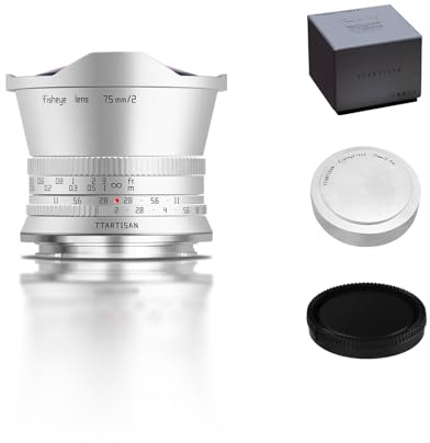 TTARTISAN APS-C Objectif Manuel Ultra Large f/2 Fisheye X argenté 7,5 mm pour Fuji X-A1 X-A10 X-M5 X-H2 X-T1 X-T10 X-T20 X-T30 X-T50 (baïonnette)