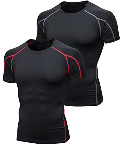 Niksa 2 Pezzi Fitness T-shirt Maglia Compressione Uomo Maniche Corte Asciugatura Rapida Maglia da Sport per Corsa, Palestra 1053 Nero Rosso + Nero Grigio (XL)
