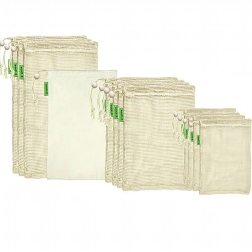 E-Know Lot de 11 sacs à légumes en coton naturel pour fruits et légumes en maille naturelle, 3 petits, 4 moyens, 3 grands et 1 sac de rangement