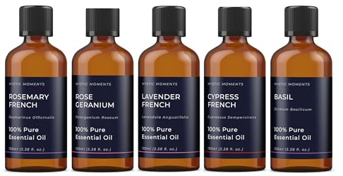 Mystic Moments | Kit Regalo Iniziale Oli Essenziali di Francia | 5 x 100ml Oli Puri per Aromaterapia | Fresca Atmosfera Erbacea in Casa