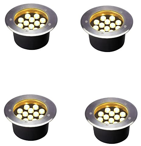 GOCuces 12W Outdoor In Ground Lights,Line Voltage 110V 120V,Diameter 7 inches,Warm White 3000K,Wired LED Landscape Lighting,Recessed Well Light for Driveway,Pathway,Step,Deck,Pack of 4