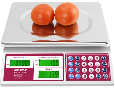 GRIPX Digitale kommerzielle Preisskala 30 kg für Lebensmittel Fleisch Obstprodukte mit grüner Hintergrundbeleuchtung LCD-Display Edelstahl Plattform Batterie enthalten